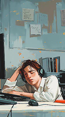 JPG 남자 백그라운드 일러스트 휴식 피곤 한명 성인 눈감음 헤드셋 기댐 고요 책상 디지털합성 감성 몽환 성인남자한명만 편집소스 번아웃증후군 국내일러스트 AI일러스트 AI콘텐츠 1 음향기기 가구 컨셉 모션 사람 헤드폰 사회이슈 남자한명만 성인남자만 파일형식