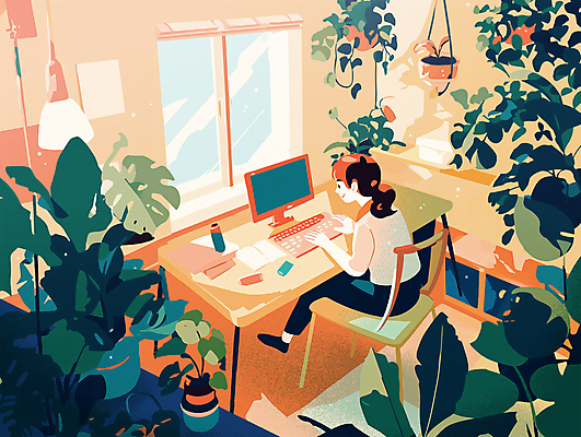 전신 PSD 라이프스타일 여자 화분 백그라운드 일러스트 한명 앉기 성인 일상 스터디 인테리어 컴퓨터 노란색 작업 복고 감성 성인여자한명만 국내일러스트 1 디자인 컬러 컨셉 모션 사람 라이프 생활 전자제품 학습 여자한명만 성인여자만 파일형식