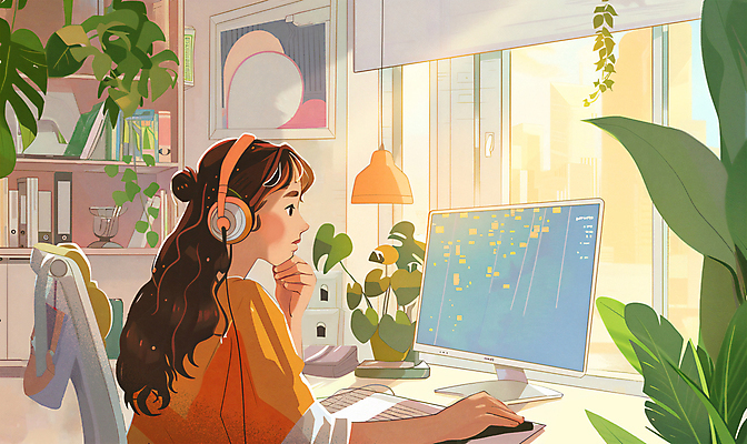 PSD 라이프스타일 여자 화분 백그라운드 일러스트 창문 한명 앉기 성인 일상 스터디 인테리어 컴퓨터 모니터 헤드셋 작업 복고 감성 성인여자한명만 국내일러스트 1 디자인 음향기기 컨셉 모션 사람 라이프 생활 전자제품 학습 헤드폰 여자한명만 성인여자만 파일형식