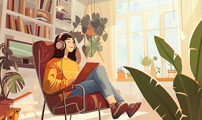 전신 PSD 라이프스타일 여자 화분 백그라운드 의자 일러스트 휴식 한명 앉기 성인 일상 인테리어 노란색 눈감음 헤드셋 창가 복고 감성 성인여자한명만 국내일러스트 1 디자인 컬러 음향기기 가구 컨셉 창문 모션 사람 라이프 생활 헤드폰 여자한명만 성인여자만 파일형식