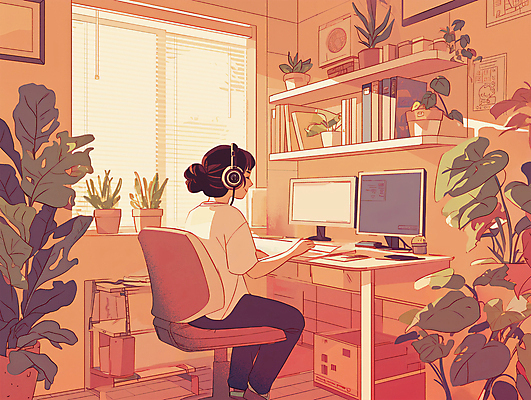 PSD 라이프스타일 여자 화분 백그라운드 일러스트 한명 앉기 성인 일상 스터디 인테리어 컴퓨터 주황색 헤드셋 작업 복고 감성 성인여자한명만 국내일러스트 1 디자인 컬러 음향기기 컨셉 모션 사람 라이프 생활 전자제품 학습 헤드폰 여자한명만 성인여자만 파일형식