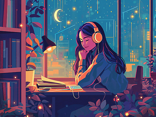 PSD 라이프스타일 여자 화분 백그라운드 일러스트 한명 앉기 성인 일상 파란색 스터디 인테리어 눈감음 주황색 헤드셋 스탠드 작업 야간 초승달 복고 감성 성인여자한명만 국내일러스트 자연요소 1 디자인 컬러 음향기기 컨셉 모션 조명 사람 라이프 생활 학습 헤드폰 달 여자한명만 성인여자만 파일형식