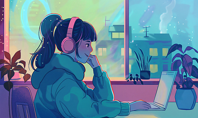 PSD 라이프스타일 여자 화분 백그라운드 일러스트 창문 한명 앉기 성인 일상 파란색 노트북 스터디 인테리어 헤드셋 작업 복고 감성 성인여자한명만 국내일러스트 1 디자인 컬러 음향기기 컨셉 모션 사람 라이프 생활 전자제품 학습 헤드폰 여자한명만 성인여자만 파일형식