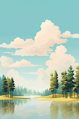 JPG 나무 구름 호수 일러스트 자연 하늘 풍경 사람없음 초록색 반사 봄 국내일러스트 AI일러스트 AI콘텐츠 자연요소 식물 계절 컬러 생태계 파일형식