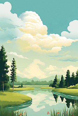 JPG 나무 구름 호수 일러스트 자연 하늘 풍경 사람없음 초록색 반사 봄 국내일러스트 AI일러스트 AI콘텐츠 자연요소 식물 계절 컬러 생태계 파일형식