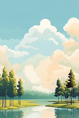 JPG 나무 구름 호수 일러스트 자연 하늘 풍경 사람없음 초록색 반사 봄 국내일러스트 AI일러스트 AI콘텐츠 자연요소 식물 계절 컬러 생태계 파일형식