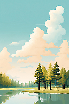 JPG 나무 구름 호수 일러스트 자연 하늘 풍경 사람없음 초록색 반사 봄 국내일러스트 AI일러스트 AI콘텐츠 자연요소 식물 계절 컬러 생태계 파일형식