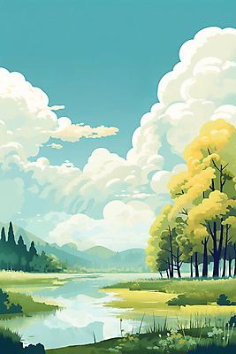 JPG 나무 구름 호수 일러스트 자연 하늘 풍경 사람없음 초록색 반사 봄 국내일러스트 AI일러스트 AI콘텐츠 자연요소 식물 계절 컬러 생태계 파일형식