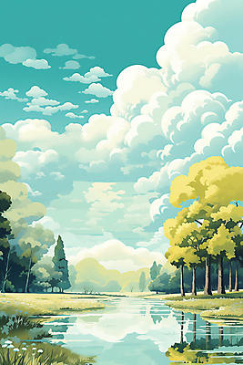 JPG 나무 구름 호수 일러스트 자연 하늘 풍경 사람없음 초록색 반사 봄 국내일러스트 AI일러스트 AI콘텐츠 자연요소 식물 계절 컬러 생태계 파일형식