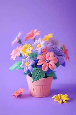 JPG 편집이미지 꽃 화분 백그라운드 사람없음 보라색 점토 클레이아트 편집실사 AI포토 AI콘텐츠 식물 컬러 공예 CG 파일형식