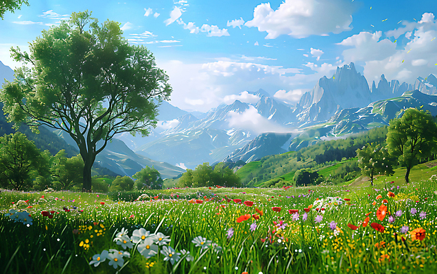 JPG 나무 구름 편집이미지 꽃 하늘 산 초원 사람없음 봄풍경 봄 경관 편집실사 AI일러스트 AI콘텐츠 자연요소 식물 계절 풍경 CG 파일형식