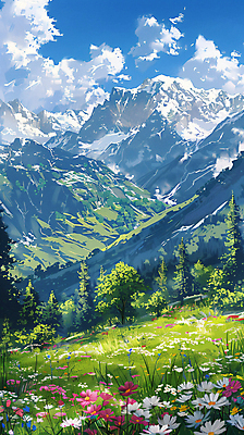 JPG 나무 구름 편집이미지 꽃 하늘 산 초원 사람없음 봄풍경 봄 경관 편집실사 AI일러스트 AI콘텐츠 자연요소 식물 계절 풍경 CG 파일형식