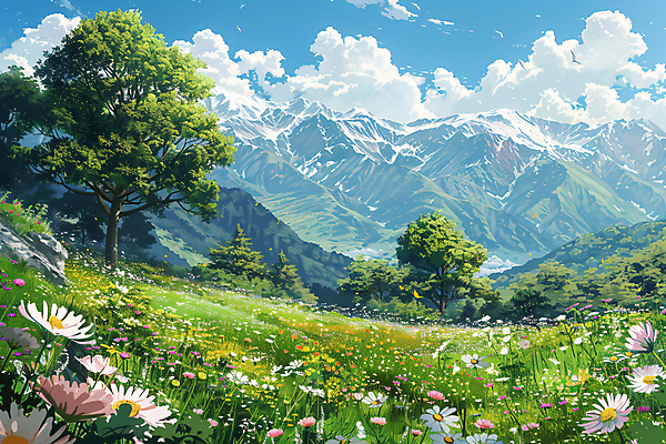 JPG 나무 구름 편집이미지 꽃 하늘 산 초원 사람없음 봄풍경 봄 경관 편집실사 AI일러스트 AI콘텐츠 자연요소 식물 계절 풍경 CG 파일형식