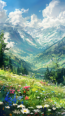 JPG 나무 구름 편집이미지 꽃 하늘 산 초원 사람없음 봄풍경 봄 경관 편집실사 자연요소 식물 계절 풍경 CG 파일형식