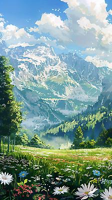 JPG 나무 구름 편집이미지 꽃 하늘 산 초원 사람없음 봄풍경 봄 경관 편집실사 자연요소 식물 계절 풍경 CG 파일형식