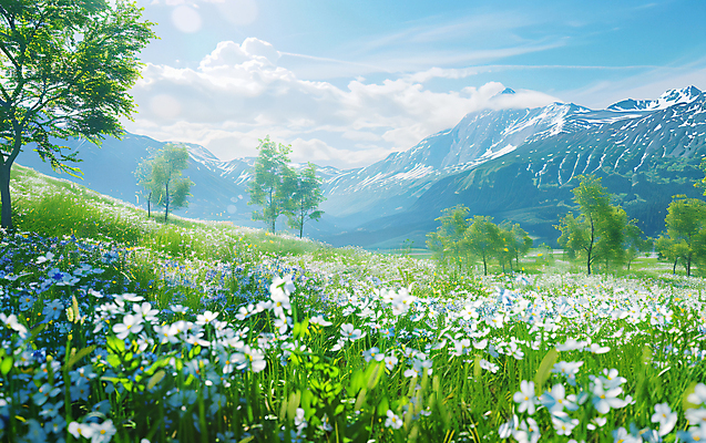 JPG 나무 구름 편집이미지 꽃 하늘 산 초원 사람없음 봄풍경 봄 경관 편집실사 자연요소 식물 계절 풍경 CG 파일형식