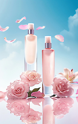 JPG 구름 편집이미지 꽃잎 분홍색 사람없음 파란색 뷰티 화장품 오브젝트 공병 편집실사 AI컴퓨터그래픽 AI콘텐츠 자연요소 꽃 컬러 CG 병_담는 파일형식