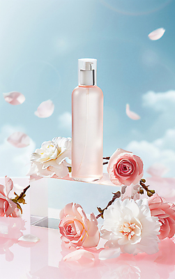 JPG 구름 편집이미지 꽃잎 분홍색 사람없음 파란색 뷰티 화장품 오브젝트 공병 편집실사 AI컴퓨터그래픽 AI콘텐츠 자연요소 꽃 컬러 CG 병_담는 파일형식
