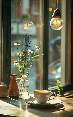 JPG 편집이미지 꽃 여유 커피 탁자 휴식 그림자 사람없음 햇빛 꽃병 공간 카페 커피잔 창가 편집실사 AI포토 AI콘텐츠 식물 감정 음료 가구 컨셉 창문 잔 태양 상점 CG 파일형식