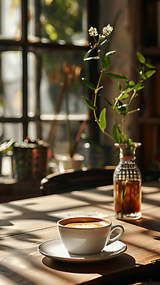 JPG 편집이미지 여유 커피 탁자 휴식 그림자 사람없음 햇빛 꽃병 공간 카페 커피잔 편집실사 AI포토 AI콘텐츠 꽃 감정 음료 가구 컨셉 잔 태양 상점 CG 파일형식