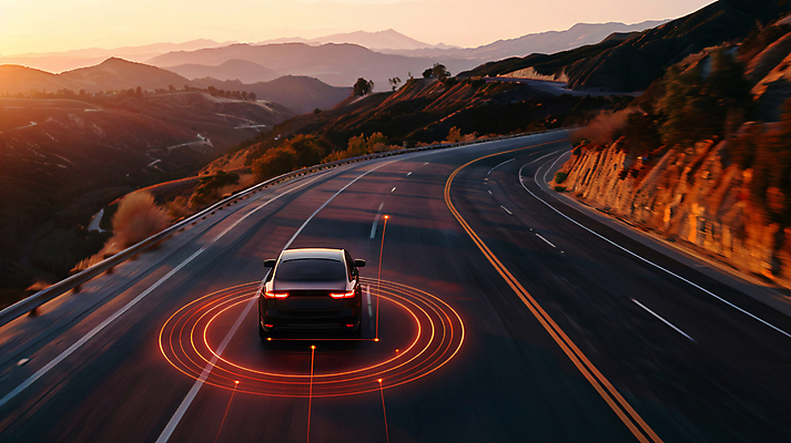 JPG 나무 편집이미지 도로 자동차 미래 산 기술 사람없음 주황색 디지털합성 자율주행 편집실사 AI컴퓨터그래픽 AI콘텐츠 식물 길 육상교통 컬러 컨셉 교통시설 운전 CG 파일형식 4차산업