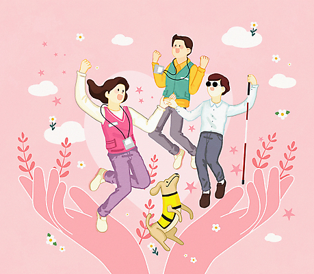 PSD 손 여자 남자 분홍색 일러스트 성인 세명 손잡기 점프 만세 잡기 자원봉사자 장애인 시각장애인 안내견 장애인의날 성인만 흰지팡이 국내일러스트 컬러 모션 지팡이 사람 신체부위 개 장애 파일형식 법정기념일