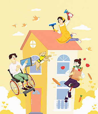 PSD 여자 남자 일러스트 주택 들기 앉기 성인 세명 장보기 종이봉투 노란색 앞치마 장애인 청소도구 휠체어 안내견 의수 의족 장애인의날 성인만 국내일러스트 컬러 모션 봉투 사람 건물 도구 개 청소 장애 파일형식 법정기념일