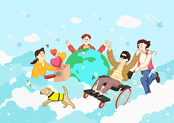 PSD 구름 여자 남자 지구 하늘색 일러스트 들기 앉기 여러명 성인 상자 지구본 만세 밀기 장애인 휠체어 하트풍선 안내견 장애인의날 성인만 국내일러스트 자연요소 다수 모션 사람 파란색 하트 개 풍선 장애 파일형식 법정기념일