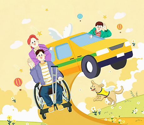 PSD 여자 남자 날개 일러스트 들기 앉기 성인 세명 노란색 자원봉사자 장애인 휠체어 택시 손인사 목발 안내견 장애인의날 성인만 국내일러스트 컬러 의료기기 모션 승용차 자동차 사람 인사 개 장애 파일형식 법정기념일