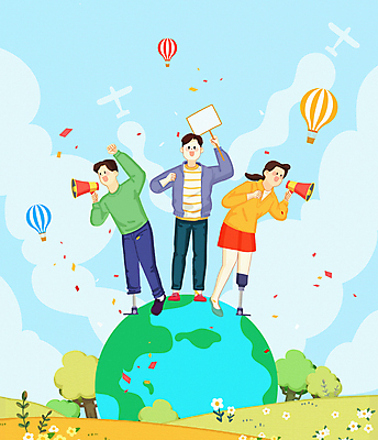 PSD 나무 여자 남자 캠페인 일러스트 들기 초원 성인 세명 지구본 확성기 외침 팻말 장애인 의족 장애인의날 성인만 국내일러스트 식물 모션 프레임 사람 소리 장애 파일형식 법정기념일