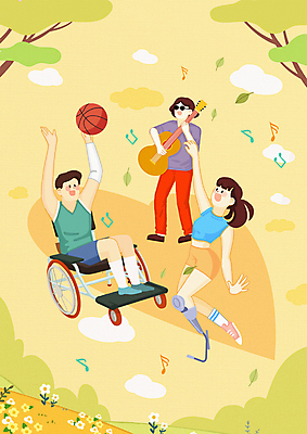 PSD 나무 구름 여자 남자 꽃 연주 일러스트 들기 앉기 성인 세명 선글라스 운동 노란색 댄서 가수 기타 하트 춤 휠체어 농구선수 의족 장애인의날 성인만 국내일러스트 자연요소 모양 식물 직업 안경 음악 컬러 모션 현악기 문화예술 운동선수 농구 건강 사람 음악가 파일형식 법정기념일