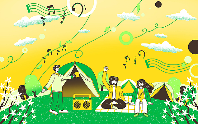 전신 PSD 나무 여자 남자 선 음표 일러스트 텐트 미소 들기 앉기 성인 세명 친구 손들기 스피커 봄 음악감상 캠핑 머그컵 개나리 돗자리 동산 성인만 국내일러스트 식물 기호 계절 꽃 음악 음향기기 관계 모션 레저 표정 캠핑도구 사람 컵 감상 파일형식