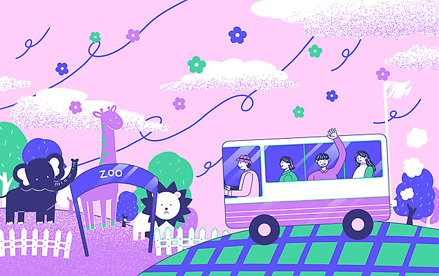 PSD 나무 여자 남자 꽃잎 선 일러스트 가족 코끼리 버스 동물원 앉기 여러명 성인 울타리 손들기 보라색 깃발 사자 기린 언덕 봄소풍 성인만 국내일러스트 식물 꽃 육상교통 컬러 다수 포유류 관계 모션 대중교통 사람 담장 소풍 봄 파일형식