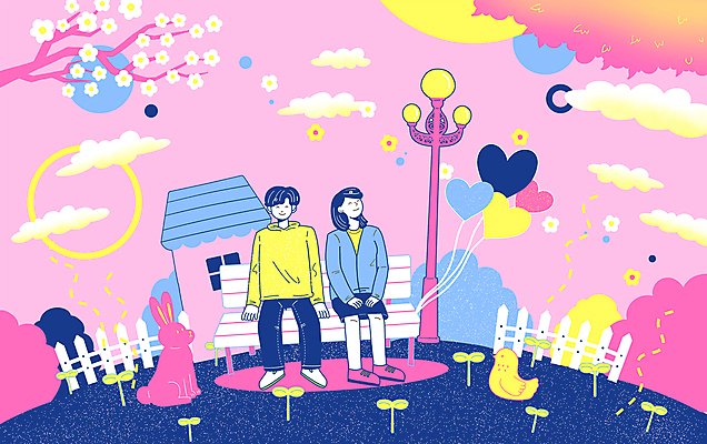 전신 PSD 커플 공원 여자 남자 꽃잎 분홍색 가로등 벤치 데이트 일러스트 가족 조류 주택 미소 앉기 성인 두명 울타리 새싹 봄 토끼 벚나무 풀숲 하트풍선 성인만 국내일러스트 나무 식물 동물 계절 공공시설 꽃 컬러 의자 포유류 관계 모션 표정 사람 건물 담장 반려동물 벚꽃 하트 숲 풍선 파일형식