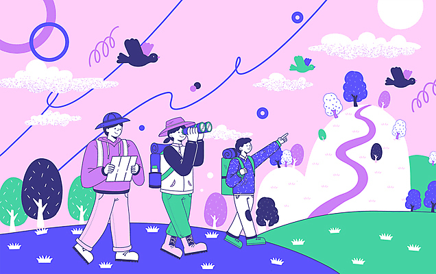전신 PSD 나무 모자 여자 남자 선 지도 일러스트 배낭 조류 들기 성인 세명 친구 보라색 봄 망원경 하이킹 가리킴 언덕 성인만 국내일러스트 식물 동물 잡화 계절 컬러 가방 관계 모션 레저 사람 손짓 파일형식