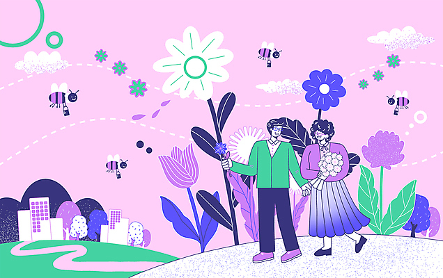 전신 PSD 여자 노년 남자 꽃다발 잎 일러스트 가족 미소 들기 빌딩 두명 걷기 노부부 보라색 봄 꿀벌 언덕 노인만 안경낌 국내일러스트 식물 부부 계절 꽃 안경 컬러 관계 모션 표정 사람 성인 건물 벌_곤충 성인만 파일형식