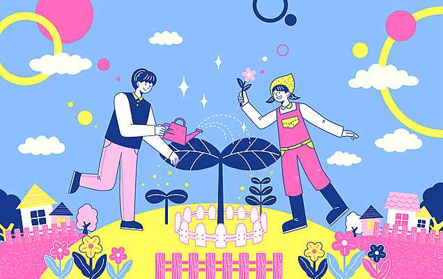 전신 PSD 나무 여자 남자 꽃 분홍색 잎 일러스트 가족 주택 미소 들기 성인 두명 반짝임 울타리 봄 물뿌리개 원형 물주기 화단 다리들기 식물키우기 성인만 국내일러스트 도형 식물 계절 컬러 관계 모션 표정 사람 건물 담장 파일형식