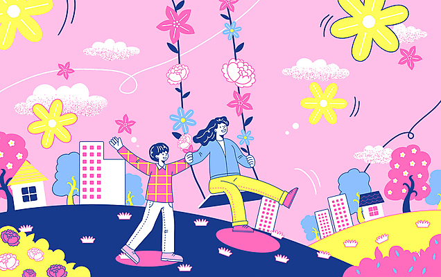 전신 PSD 여자 남자 선 분홍색 일러스트 봄꽃 가족 주택 미소 앉기 빌딩 성인 두명 손들기 잡기 벚나무 그네 동산 성인만 국내일러스트 나무 꽃 컬러 관계 모션 표정 사람 건물 봄 벚꽃 파일형식