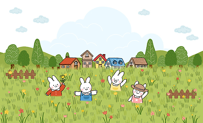 PSD 나무 구름 꽃 여러마리 일러스트 주택 미소 잔디 초원 사람없음 야외 초록색 손들기 봄 토끼캐릭터 나무울타리 국내일러스트 자연요소 식물 계절 컬러 동물캐릭터 다수 모션 표정 건물 울타리 토끼 파일형식