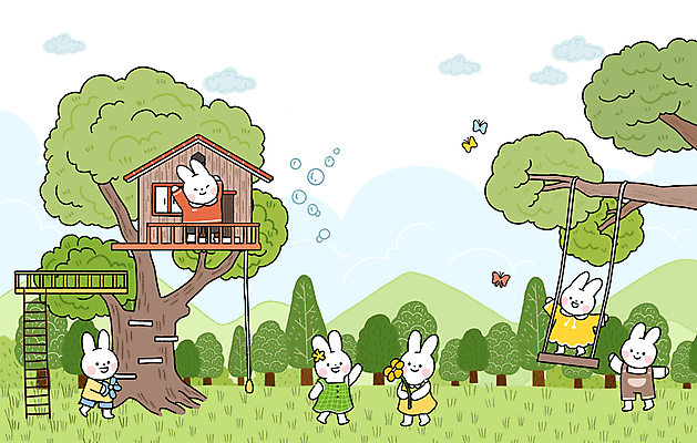 PSD 나무 나비 여러마리 일러스트 서기 미소 사람없음 야외 초록색 봄 비눗방울 그네 토끼캐릭터 나무집 놀기 국내일러스트 식물 계절 컬러 동물캐릭터 다수 곤충 모션 주택 표정 토끼 파일형식