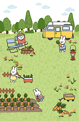 PSD 나무 구름 꽃 밭 의자 여러마리 일러스트 서기 미소 들기 앉기 사람없음 야외 초록색 카트 수레 봄 당근 캠핑 랜턴 토끼캐릭터 힐링 캠핑카 국내일러스트 자연요소 식물 계절 컬러 동물캐릭터 가구 다수 농업 모션 자동차 레저 조명 뿌리채소 표정 토끼 파일형식