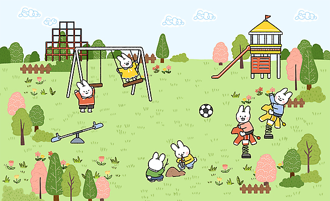 PSD 나무 구름 여러마리 일러스트 축구공 미소 앉기 잔디 사람없음 야외 초록색 봄 미끄럼틀 놀이터 그네 토끼캐릭터 시소 정글짐 국내일러스트 자연요소 식물 계절 컬러 동물캐릭터 다수 공 축구용품 모션 놀이 표정 토끼 놀이기구 파일형식