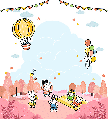 PSD 나무 구름 분홍색 나비 꽃밭 여러마리 일러스트 미소 앉기 사람없음 야외 봄 열기구 돗자리 토끼캐릭터 풍선 채집망 가랜드 국내일러스트 자연요소 식물 계절 꽃 컬러 동물캐릭터 다수 곤충 항공교통 모션 표정 토끼 파티용품 파일형식