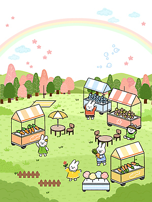 PSD 꽃 무지개 여러마리 일러스트 미소 들기 잔디 초원 사람없음 야외 초록색 울타리 걷기 상점 축제 봄 당근 비눗방울 토끼캐릭터 풀숲 솜사탕 국내일러스트 자연요소 식물 계절 컬러 동물캐릭터 다수 모션 디저트 뿌리채소 표정 담장 토끼 숲 파일형식