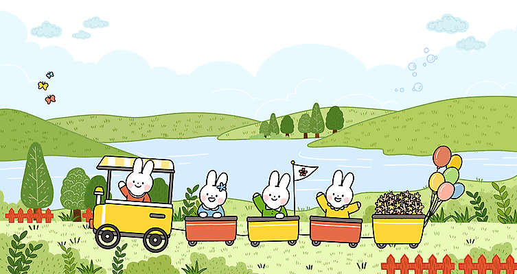PSD 나무 구름 호수 나비 여러마리 일러스트 미소 앉기 사람없음 야외 초록색 울타리 손들기 봄 기차 토끼캐릭터 풀숲 풍선 국내일러스트 자연요소 식물 계절 육상교통 컬러 동물캐릭터 다수 곤충 모션 대중교통 표정 담장 토끼 숲 파일형식