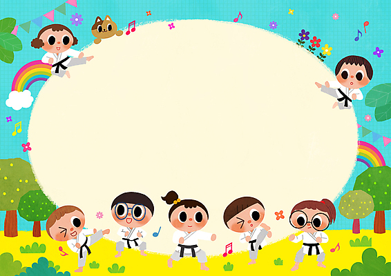 전신 PSD 나무 구름 여자 남자 꽃 어린이 스포츠 무지개 음표 일러스트 프레임 소녀 소년 여러명 고양이 킥 태권도 태권도복 가랜드 어린이만 카피스페이스 국내일러스트 자연요소 식물 기호 음악 다수 포유류 모션 도복 사람 반려동물 격투기 공백 파티용품 파일형식