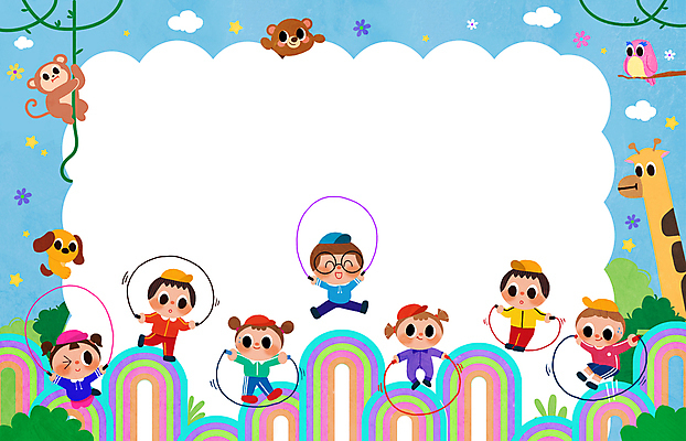 전신 PSD 여자 남자 어린이 스포츠 무지개 일러스트 곰 프레임 소녀 소년 여러명 점프 원숭이 강아지 기린 줄넘기 부엉이 넝쿨나무 어린이만 카피스페이스 국내일러스트 자연요소 나무 동물 다수 포유류 모션 조류 사람 반려동물 운동 공백 개 파일형식