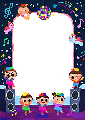 전신 PSD 여자 남자 별 어린이 음악 스포츠 음표 일러스트 프레임 소녀 소년 여러명 스피커 춤 미러볼 유니콘 어린이만 카피스페이스 국내일러스트 자연요소 기호 음향기기 다수 문화예술 사람 장식 공백 파일형식