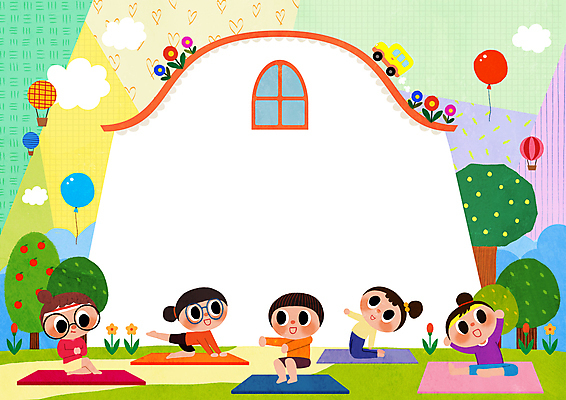 전신 PSD 나무 여자 남자 꽃 어린이 스포츠 일러스트 요가 창문 주택 프레임 소녀 소년 여러명 매트 풍선 어린이만 카피스페이스 국내일러스트 식물 웰빙 다수 사람 건물 공백 파일형식