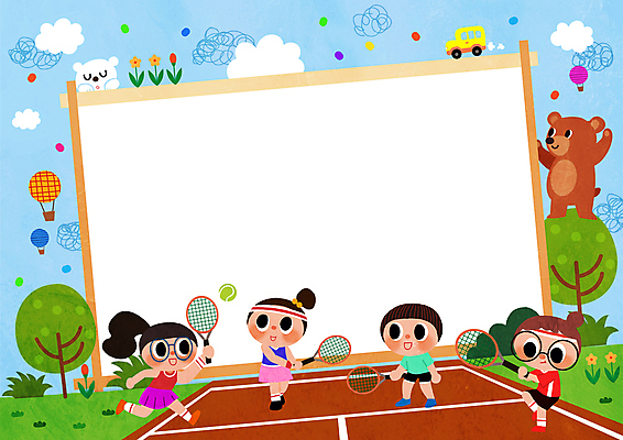 전신 PSD 나무 동물 여자 남자 꽃 어린이 스포츠 일러스트 곰 프레임 소녀 소년 여러명 테니스 열기구 테니스라켓 테니스공 테니스복 어린이만 카피스페이스 국내일러스트 식물 다수 공 포유류 항공교통 사람 운동복 구기 공백 라켓 테니스용품 파일형식
